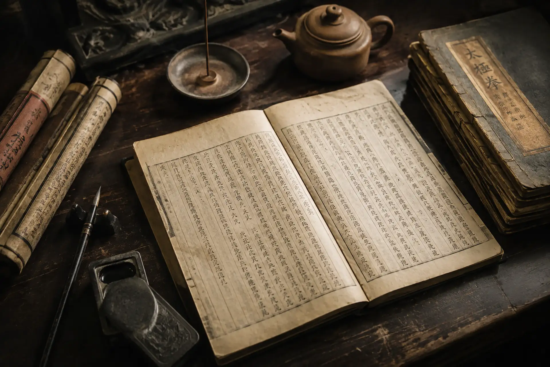 Antichi manuali cinesi di Taijiquan stile Yang con testi tradizionali e strumenti per la calligrafia